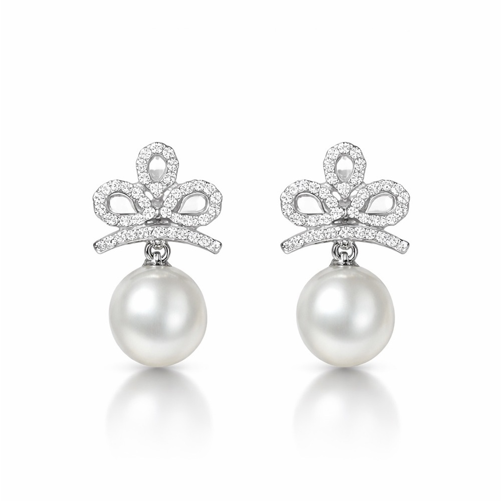 Chic Silver and White Pearl Earrings With Zirconia